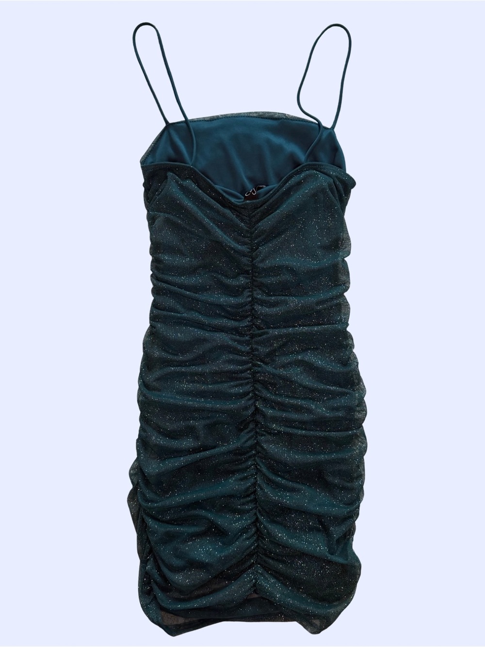 Windsor Dark Green Sparkle Ruched Spaghetti-Strap Mini Dress - Picture 2 of 7